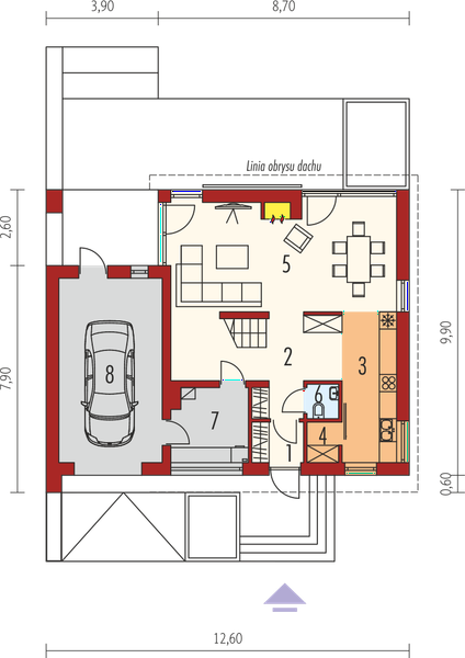 Projekt domu E14 G1 economic - rzut parteru, dom liczy 3 pokoje, 2 łazienki i wc