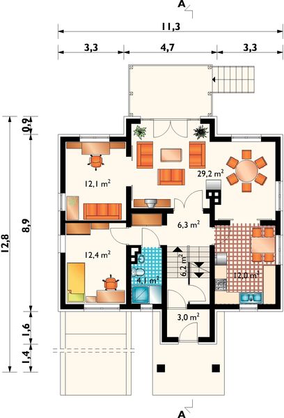 Projekt domu Mak (439) - rzut parteru, dom liczy 6 pokoje, 3 łazienki i wc