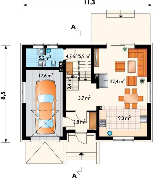 Projekt domu Ptyś (1201) - rzut parteru, dom liczy 3 pokoje, 2 łazienki i wc