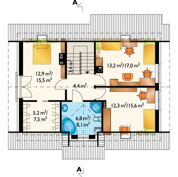 Projekt domu Ptyś (1201) - rzut poddasza, dom liczy 3 pokoje, 2 łazienki i wc