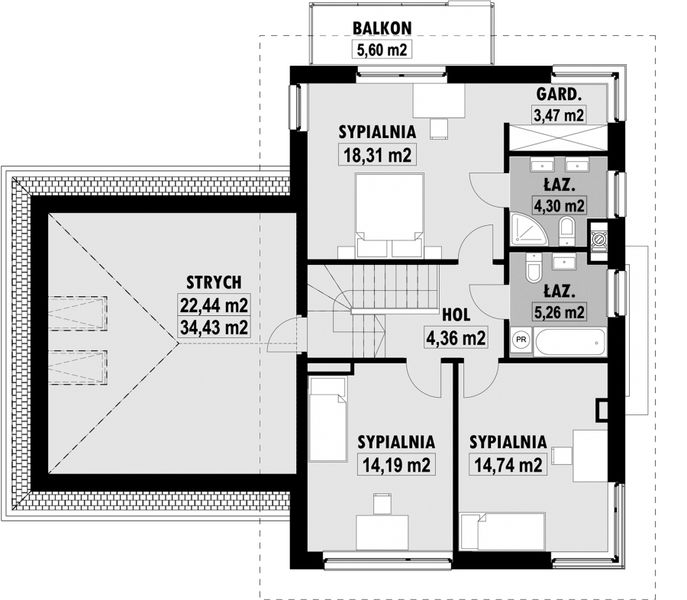 Projekt domu E-125 - rzut 1 piętra, dom liczy 3 pokoje, 3 łazienki i wc