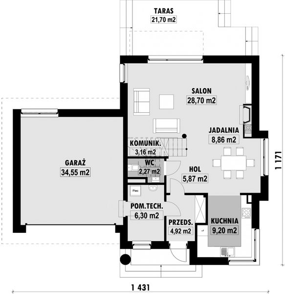 Projekt domu E-125 - rzut parteru, dom liczy 3 pokoje, 3 łazienki i wc