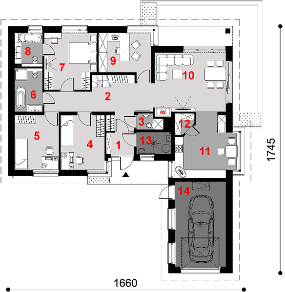 Projekt domu D152B - rzut parteru, dom liczy 4 pokoje, 3 łazienki i wc