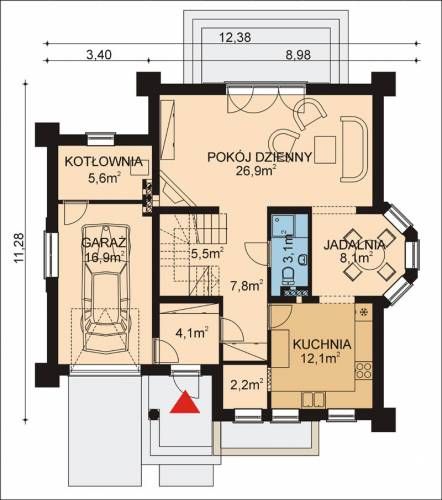 Projekt domu APS 148 - rzut parteru, dom liczy 3 pokoje, 2 łazienki i wc