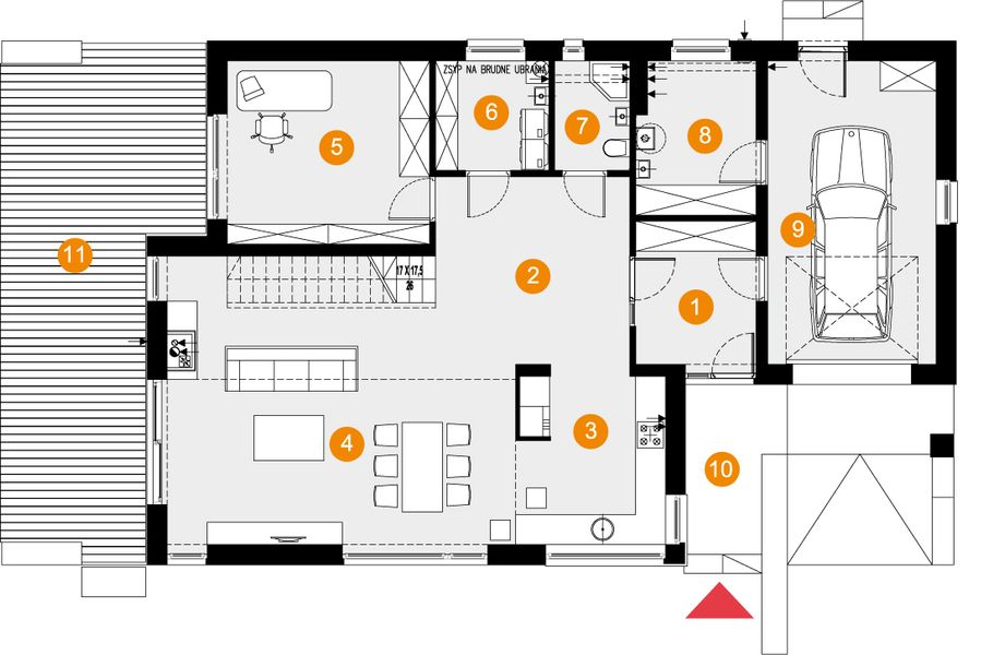 Projekt domu Wiktor - rzut parteru, dom liczy 5 pokoje, 2 łazienki i wc