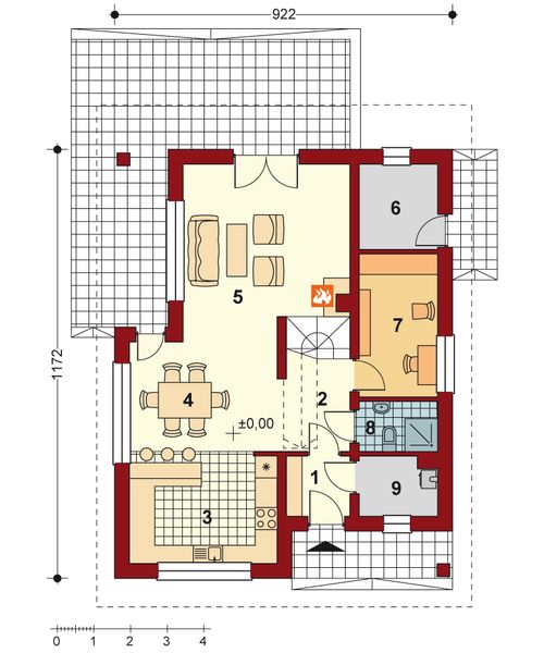 Projekt domu Filip (Energo) - rzut parteru, dom liczy 4 pokoje, 2 łazienki i wc