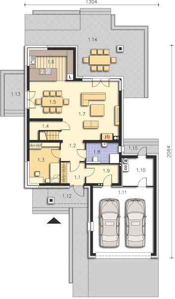 Projekt domu Garda II DCP310a - rzut parteru, dom liczy 4 pokoje, 3 łazienki i wc