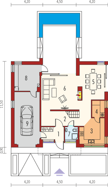 Projekt domu EX 9 G1 soft (wersja A) - rzut parteru, dom liczy 4 pokoje, 3 łazienki i wc
