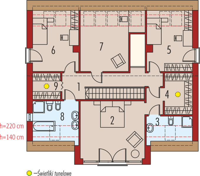 Projekt domu EX 9 G1 soft (wersja A) - rzut poddasza, dom liczy 4 pokoje, 3 łazienki i wc