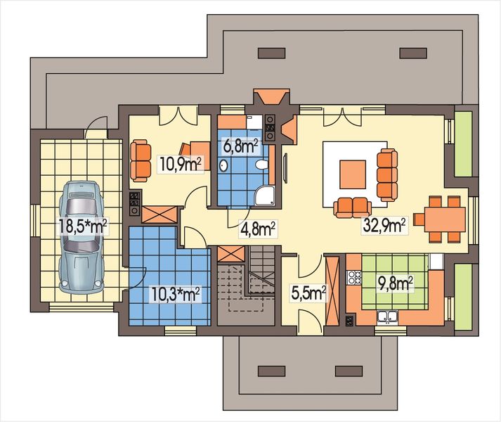 Parter projektu Aston 2 wersja AP pojedynczy garaż z boku i piwnica paliwo stałe