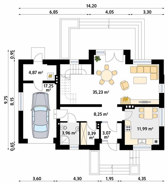 Projekt domu Szafran 6 - rzut parteru, dom liczy 3 pokoje, 2 łazienki i wc