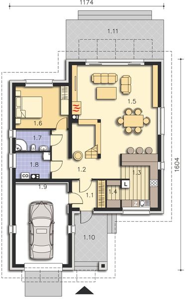 Projekt domu Avalon IV DCP206c - rzut parteru, dom liczy 5 pokoje, 3 łazienki i wc
