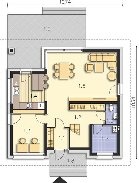 Projekt domu Meribel DCP327 - rzut parteru, dom liczy 4 pokoje, 2 łazienki i wc