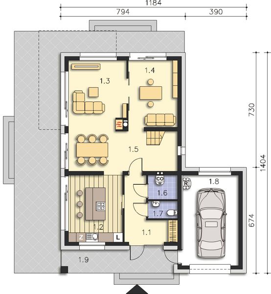 Projekt domu Bergamo DCP343 - rzut parteru, dom liczy 4 pokoje, 2 łazienki i wc