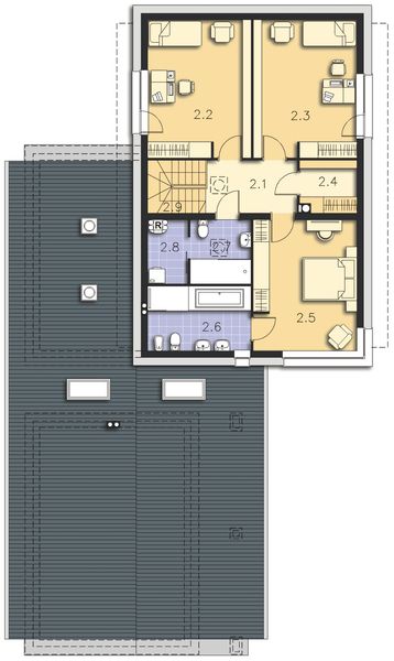 Projekt domu Quimper DCP314 - rzut 1 piętra, dom liczy 5 pokoje, 5 łazienki i wc