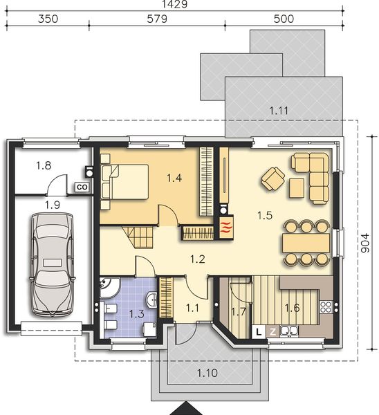 Projekt domu Fulton II LMP342a - rzut parteru, dom liczy 4 pokoje, 2 łazienki i wc