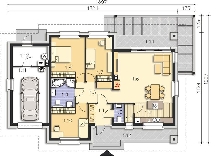 Projekt domu Denver DCB112 - rzut parteru, dom liczy 3 pokoje, 2 łazienki i wc