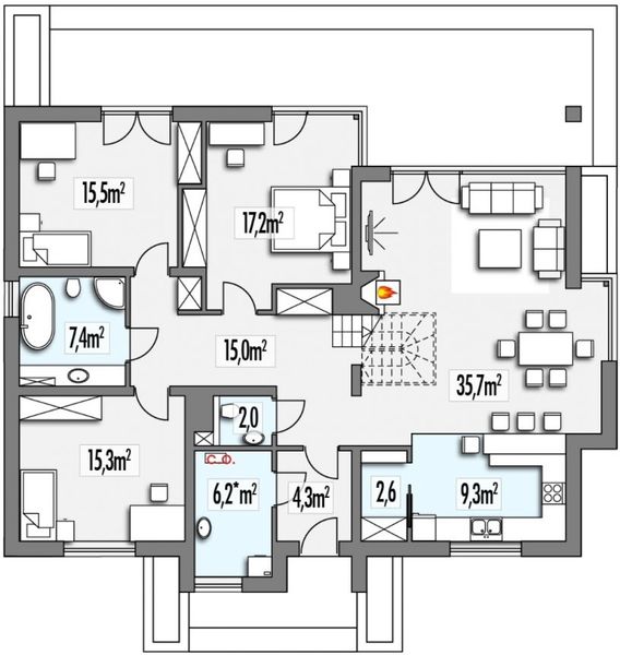 Projekt domu Alabama 4B - rzut parteru, dom liczy 5 pokoje, 3 łazienki i wc