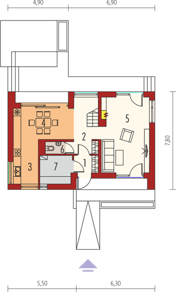 Projekt domu E11 II economic - rzut parteru, dom liczy 3 pokoje, 2 łazienki i wc