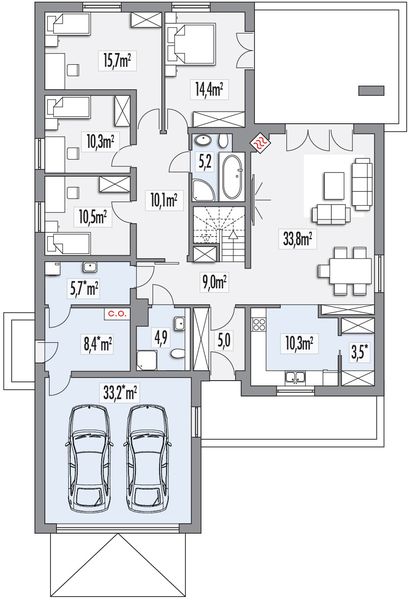 Parter projektu Ambrozja 2 wersja D z poddaszem do adaptacji z podwójnym garażem ps