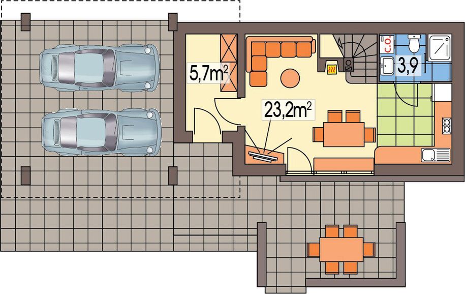 Parter projektu Jacek wersja B z wiatą na 2 auta paliwo stałe