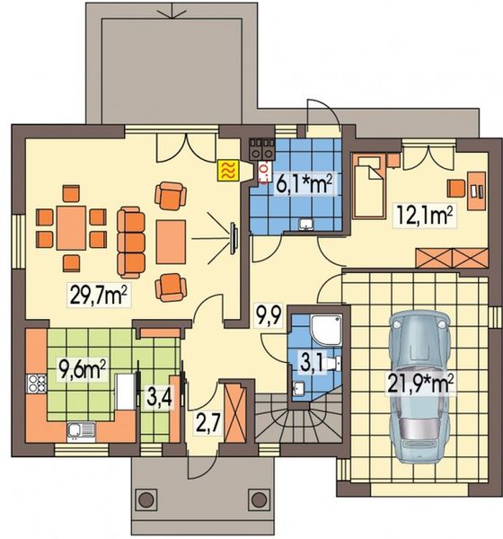 Parter projektu Hiacynt wersja C plus z pojedynczym garażem paliwo stałe