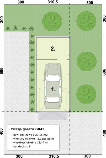 Parter projektu GB42 Garaż blaszany jednostanowiskowy z pomieszczeniem gospodarczym