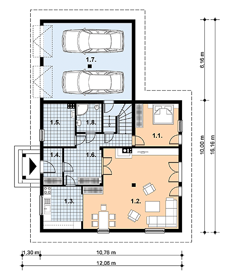 Projekt domu L-78 Dom lisia - z bali - rzut parteru, dom liczy 4 pokoje, 3 łazienki i wc