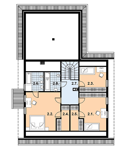 Projekt domu L-78 Dom lisia - z bali - rzut poddasza, dom liczy 4 pokoje, 3 łazienki i wc