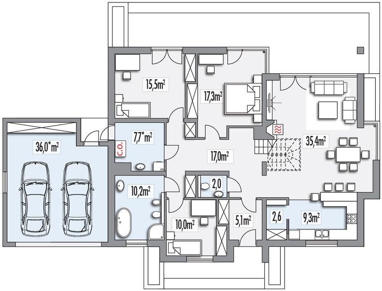 Parter projektu Alabama 2 wersja D z podwójnym garażem paliwo stałe