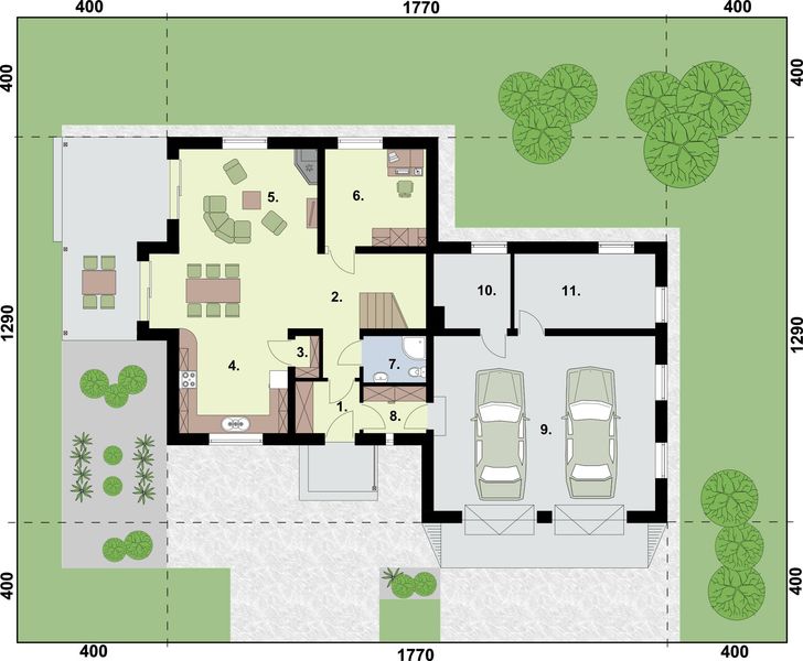 Projekt domu Vitoria projekt domu mieszkalnego - rzut parteru, dom liczy 4 pokoje, 2 łazienki i wc