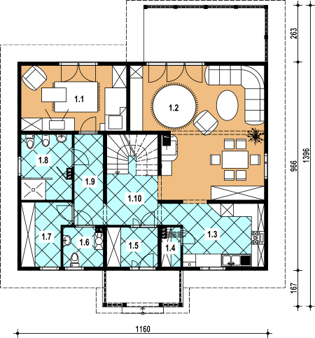 Projekt domu A-127 Dom jawora - z bali - rzut parteru, dom liczy 3 pokoje, 3 łazienki i wc
