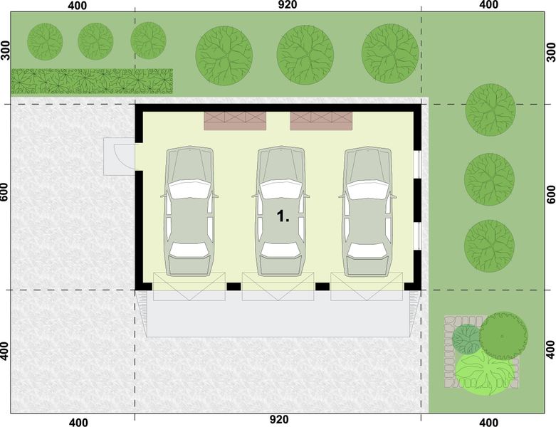 Parter projektu G305a garaż trzystanowiskowy