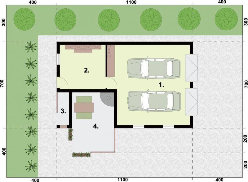 Parter projektu G324 garaż dwustanowiskowy z pomieszczeniem gospodarczym