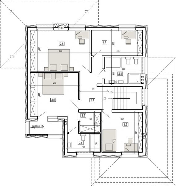 Projekt domu DN 052 - rzut 1 piętra, dom liczy 5 pokoje, 3 łazienki i wc