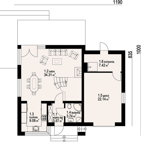 Projekt domu Gładyszów 31k - rzut parteru, dom liczy 3 pokoje, 2 łazienki i wc