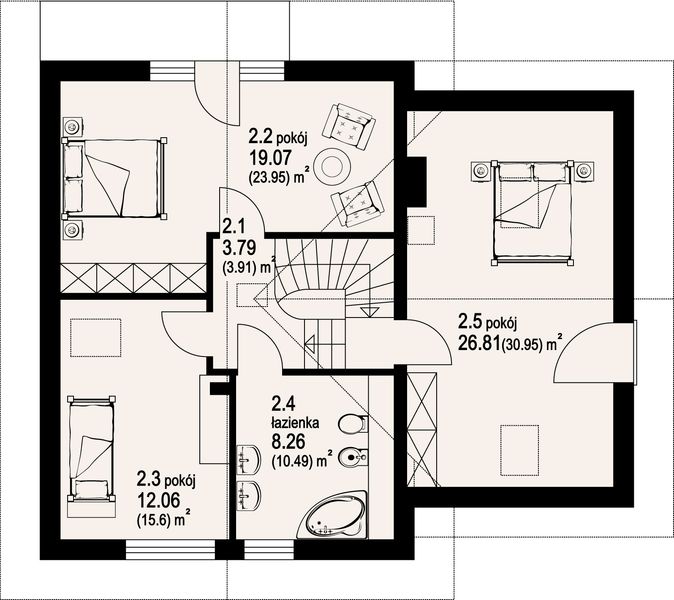 Projekt domu Gładyszów 31k - rzut poddasza, dom liczy 3 pokoje, 2 łazienki i wc