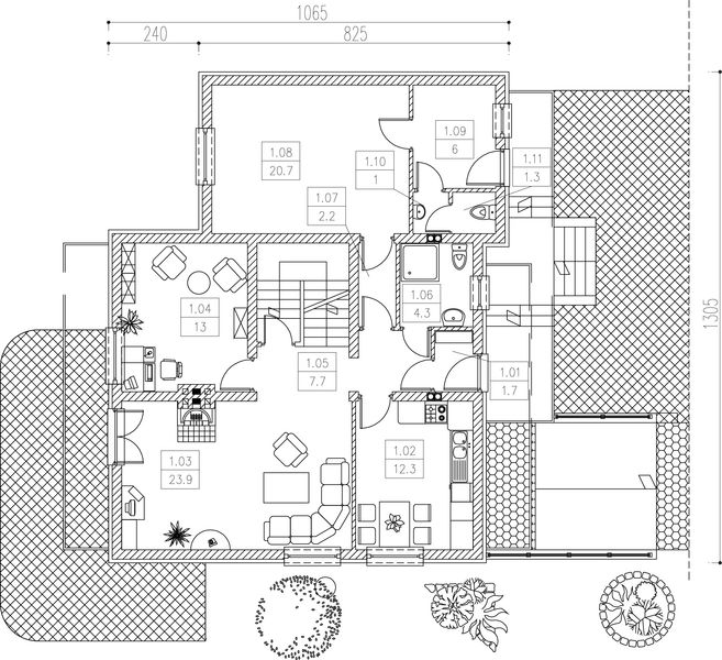 Projekt domu Sko - rzut parteru, dom liczy 6 pokoje, 3 łazienki i wc