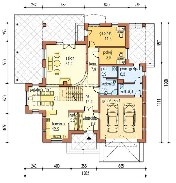 Projekt domu Adam - rzut parteru, dom liczy 5 pokoje, 3 łazienki i wc