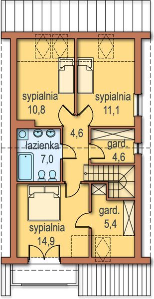 Projekt domu Ester - rzut poddasza, dom liczy 3 pokoje, 2 łazienki i wc