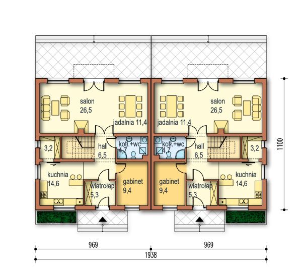 Projekt domu Melka bl - rzut parteru, dom liczy 4 pokoje, 2 łazienki i wc