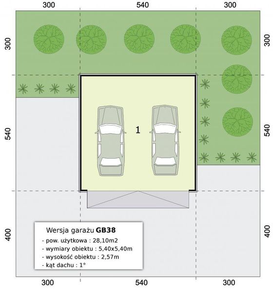 Parter projektu GB38 projekt garażu blaszanego dwustanowiskowego