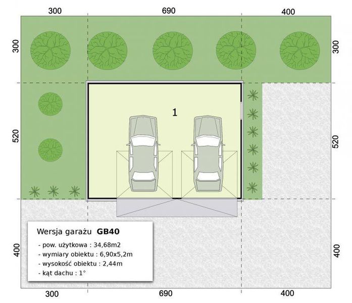 Parter projektu GB40 projekt garażu blaszanego dwustanowiskowego