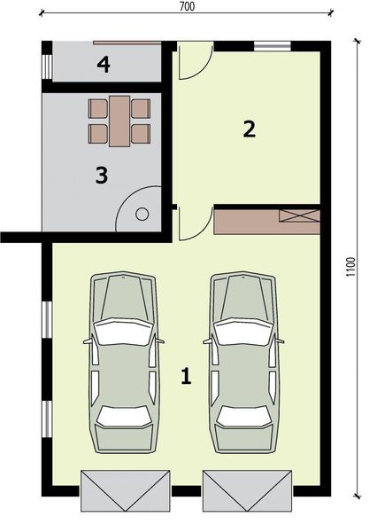 Parter projektu G320 garaż dwustanowiskowy z pomieszczeniem gospodarczym i altaną