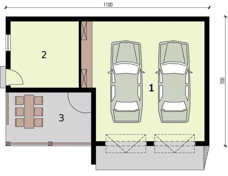 Parter projektu G314 garaż dwustanowiskowy z pomieszczeniem gospodarczym i werandą