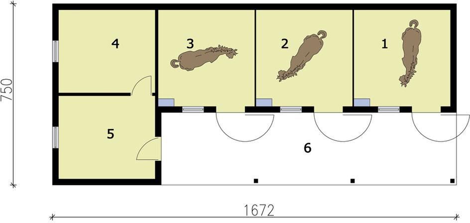 Parter projektu S31 Stajnia angielska dla koni z boksami z wyjściem na zewnątrz- 3 boksy