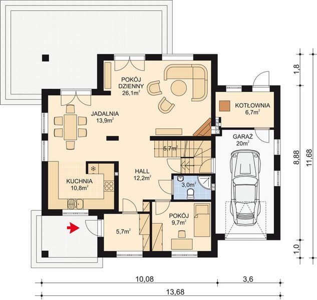 Projekt domu APS 250 - rzut parteru, dom liczy 4 pokoje, 2 łazienki i wc