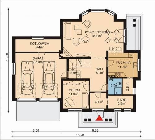 Projekt domu APS 105 + 2G - rzut parteru, dom liczy 4 pokoje, 3 łazienki i wc