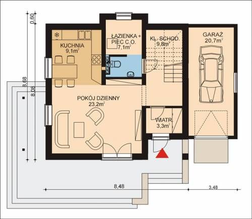 Projekt domu APS 123 + G - rzut parteru, dom liczy 3 pokoje, 2 łazienki i wc