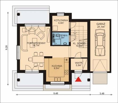 Projekt domu APS 125 + G - rzut parteru, dom liczy 3 pokoje, 2 łazienki i wc